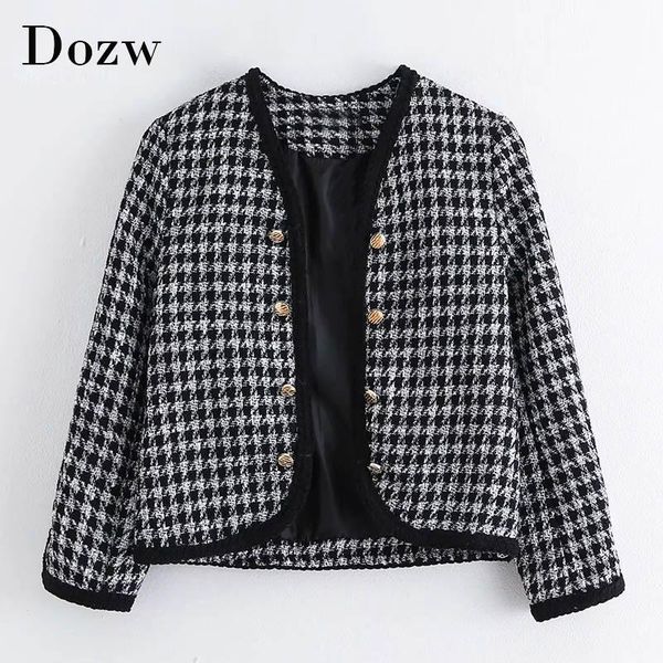 

women's jackets vintage plaid tweed jacket coat with buttons women stylish v neck short cardigan houndstooth long sleeve, Black;brown