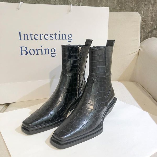 

2021 crocodile pattern shoes woman platform boots woman chunky heels botas mujer square toe zapatos de mujer ankle boots1, Black