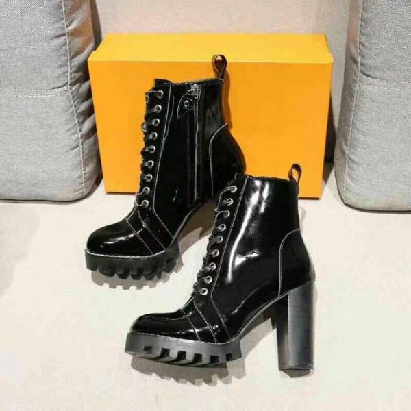 

boots all black patent leather ankle autumn winter women lace up high heel deser