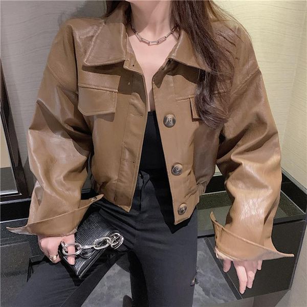 

new 2021 arrival women autumn winter leather jacket oversized boyfriend korean style female faux coat outwear black 31h