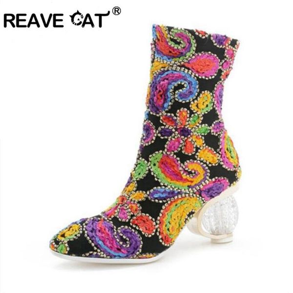 

reave cat designed floral short strecthed booties transparent clear strange high heels woman mid-calf boots lady bridal shoes, Black