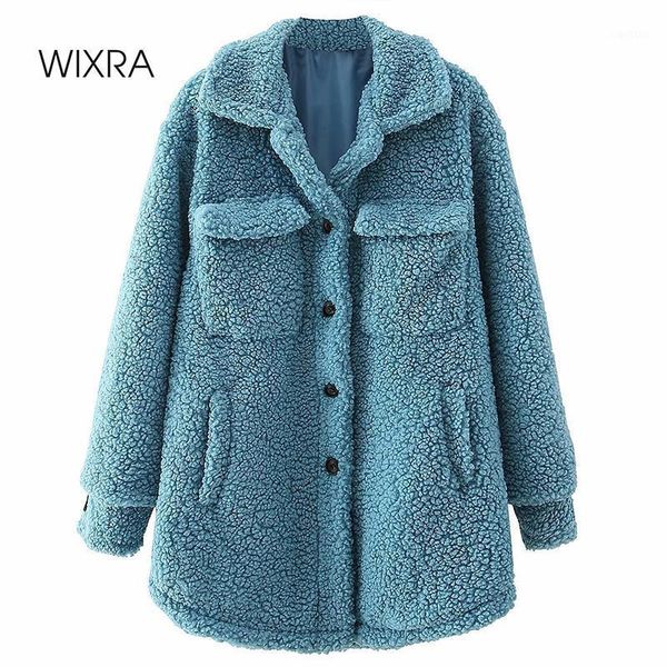 

wixra womens single breasted jackets lady pockets soft warm lamb wool turn down collar street style loose overcoat autumn winter1, Black