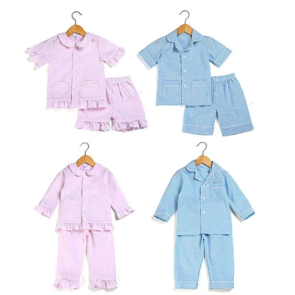 

2020 summer spring kids pajamas sets 100% cotton seersucker pjs toddler sleepwear girls boys sleepwear c1019, Blue;red