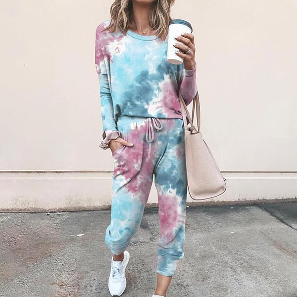 

женщины gradient teal-dye напечатаны двухструктурные костюмы с длинным рукавом tops the drawstring jogger штаны loungewear, Gray