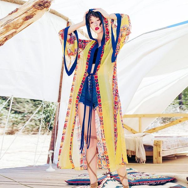 

summer women kimonos blouse hooded long sleeve floral chiffon print cardigan ethnic feminino vintage sunscreen beach shirt, White