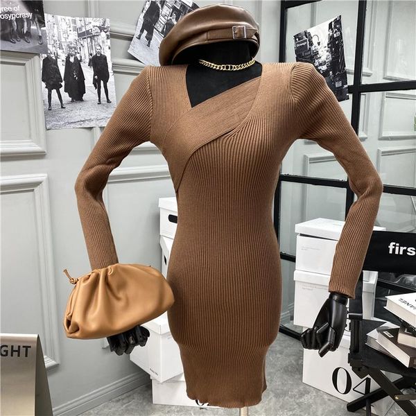 

casual dresses 2021 fashion women's clothing cross-cut all-match long-sleeved solid color tight dress, Black;gray