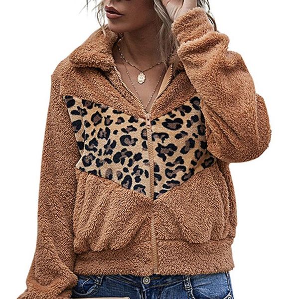 

women's wool & blends ladies cashmere coat leopard print sweatshirt stitching zipper long sleeve lapel fashion harajuku jacket oversize, Black