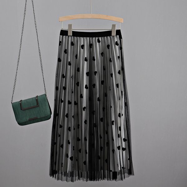 

2021 new heart shape women mesh pleated skirt high waist long midi maxi autumn winter elegant velvet tutu tulle skirts ttwb, Black
