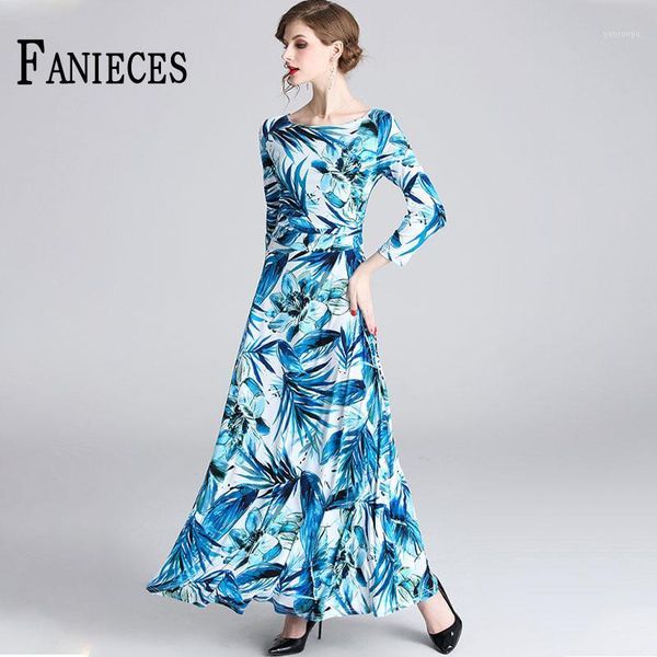 

2021 spring autumn dresses women blue printed maxi long a-line dress office lady elegant casual female vintage vestido de mulher1, Black;gray