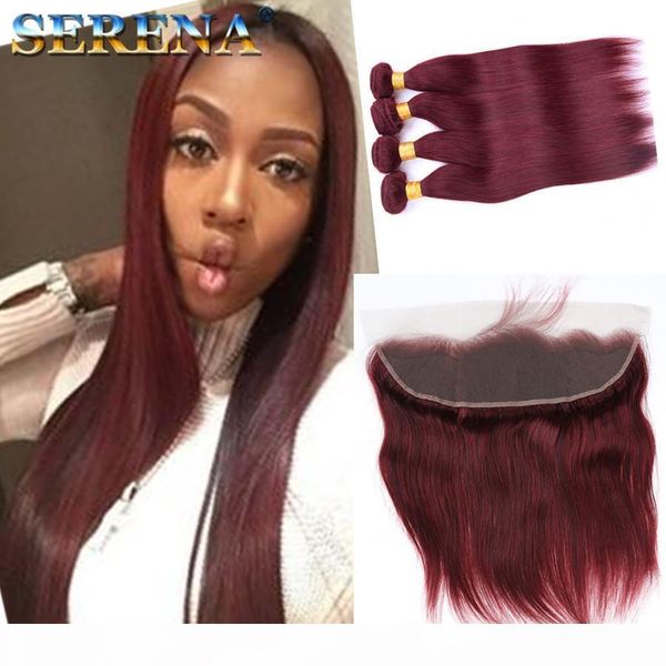 

#99j burgrundy colour brazilian peruvian indian remy human hair extension straight wave human hair 4 bundles double weft frontal, Black;brown