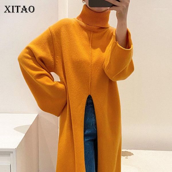

xitao split plus size dress fashion new women fashion new turtleneck irregular full sleeve 2021 winter minority dress zxr14611, Black;gray