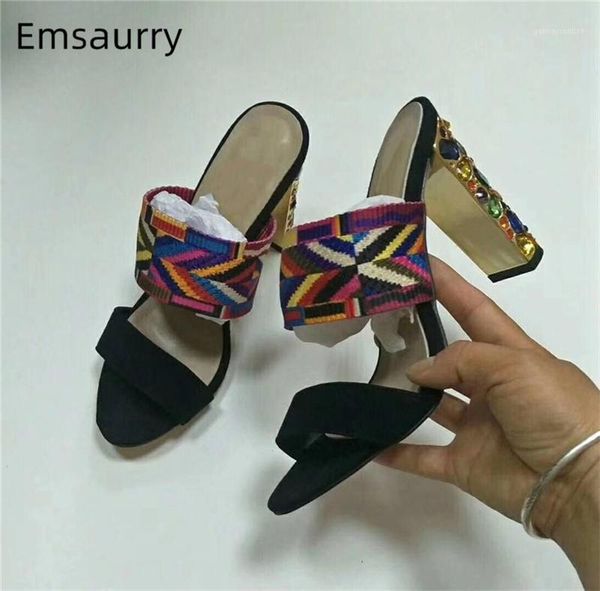 

slippers colorful knitted one-strap runway shoes woman iridescent diamond rhinestone high heels suede women1, Black