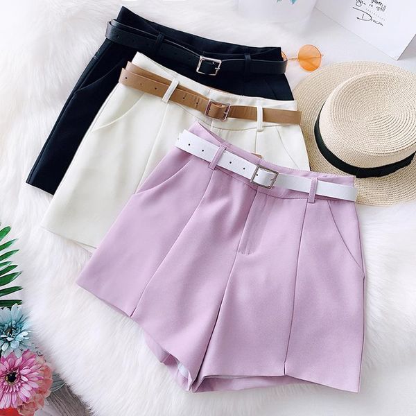 

women loose trendy shorts elegant a-line solid high waist with sashes belt leisure daily womens female shorts, White;black
