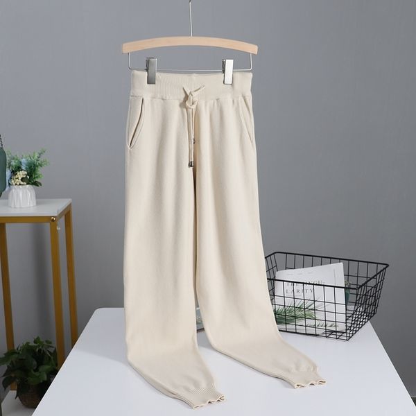 

2021 new autumn knitted womens crop harem solid peg leg fly pants casual drawstring long winter warm carrot trousers wh8g, Black;white