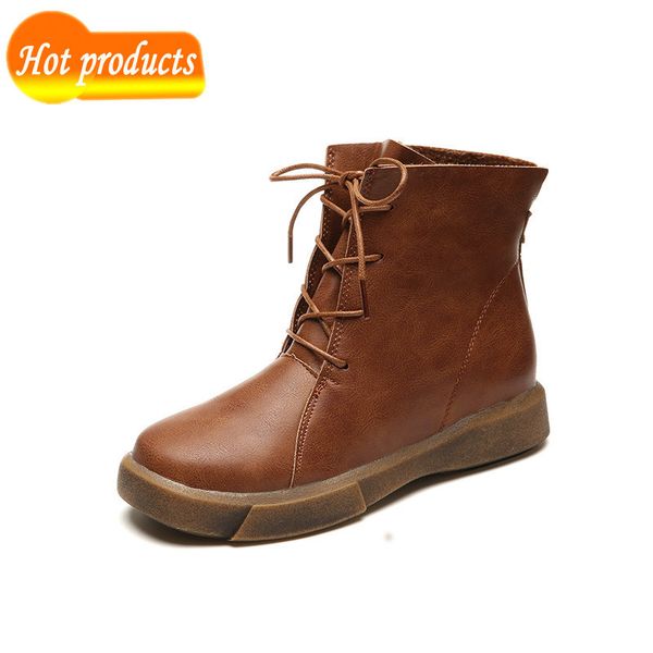 

2021 the new ankle from vintage lace to soft leather flat women's platform winter warm woman boots black brown shoes yz4i