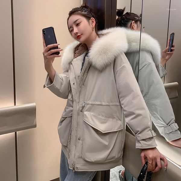 

fashion cotton liner parker parka coat 2020 new winter jacket women casual solid color medium long hooded parka with fur collar1, Black