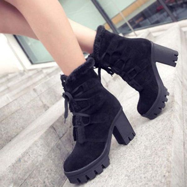 

platform square high heels big size 43 pink black warm plush women shoes winter ankle boots