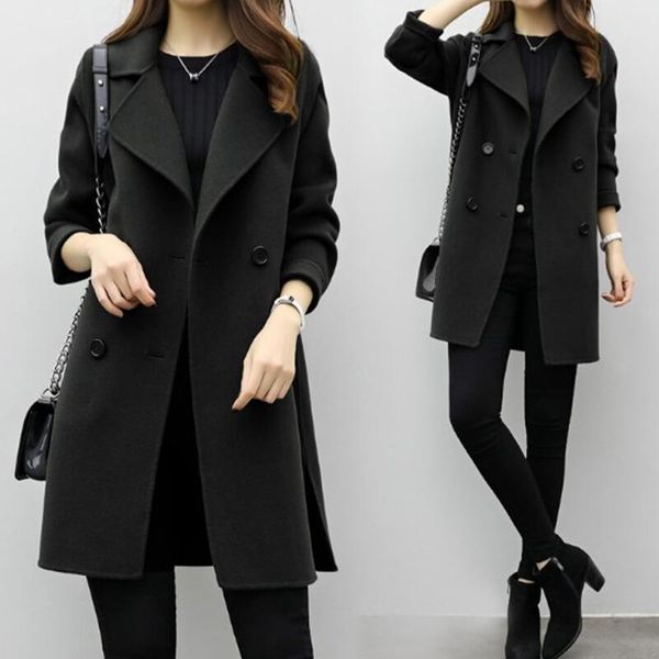 

autumn winter women woollen coat long sleeve turn-down collar oversize blazer outwear jacket elegant overcoats loose coat women, Black