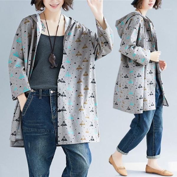 

big size spring autumn women fashion elegant print hood waistcoat ladies female plus large long cotton linen trench outwear coat1, Tan;black
