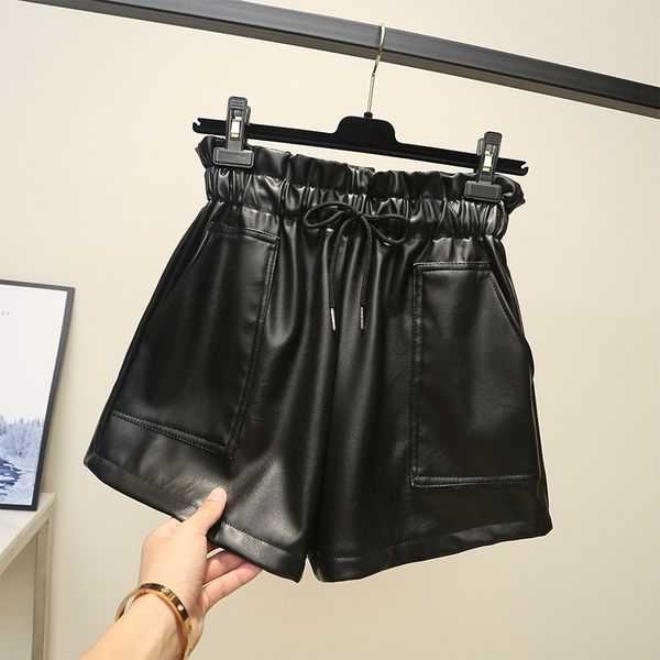 

plus size high waist elestic band pockets oversized pu leather shorts short pants women autumn winter black shorts y200512, White;black