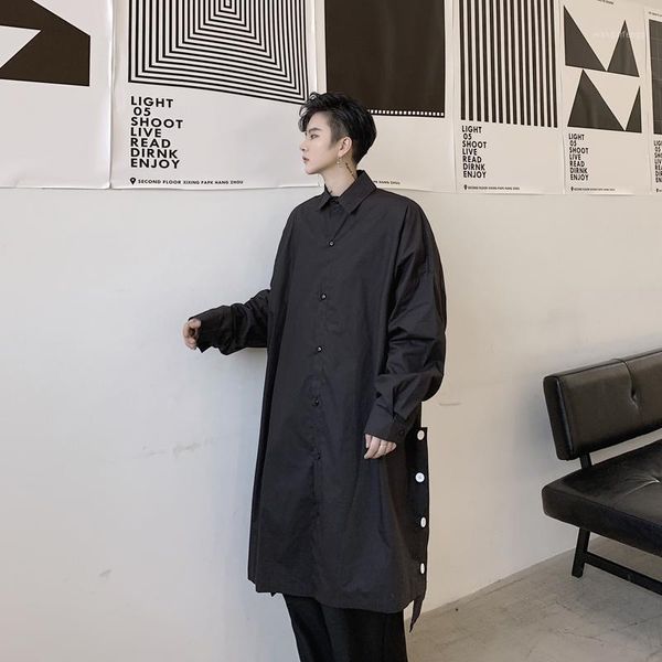 

male japan streetwear hip hop splice long dress shirt men oversize long sleeve loose casual button shirt stage clothes1, White;black