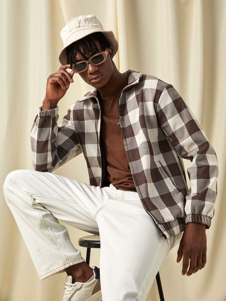 

romwe guys plaid zip up jacket n7z4#, Black;brown