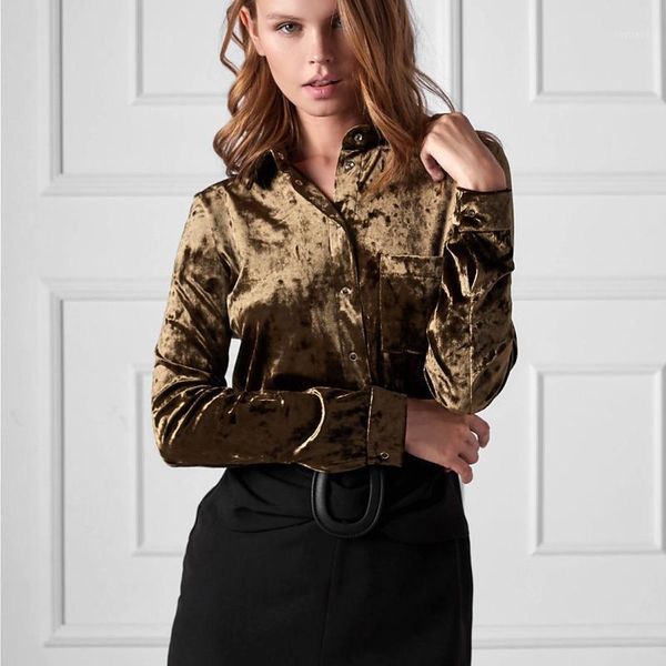 

moarcho casual pockets button and blouse women turn-down collar long sleeve velvet office lady shirts women 20201, White