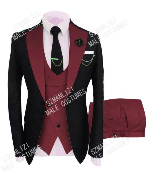 

szmanlizi 2020 custom made burgundy black wedding suit for men suits slim fit groom tuxedo party dress 3 piece man blazer, White;black