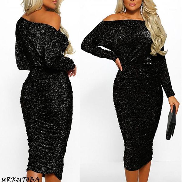 

new arrival solid off shoulder slim elegant women boat neck glitter bodycon dress evening party formal dress1, Black;gray