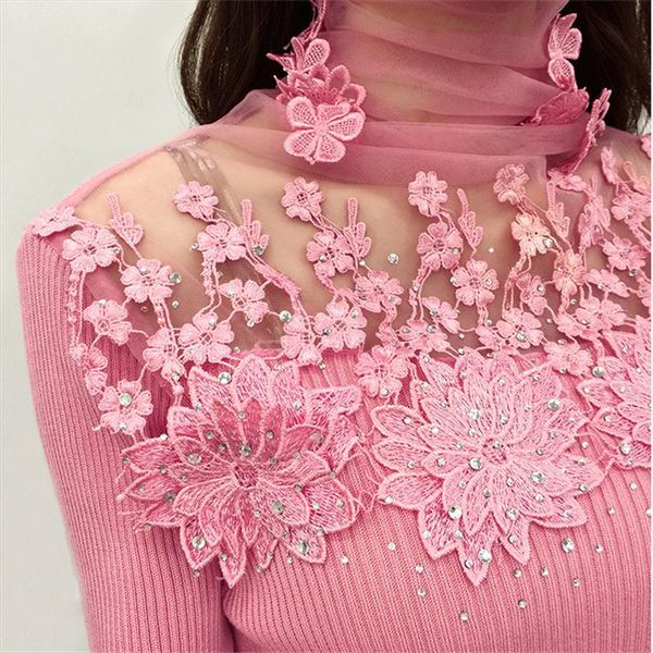 

new women turtleneck sweater autumn winter mesh patchwork knitted pullovers flowers butterfly basic sweaters female ab700, White;black