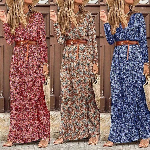 

women's printed long dress autumn spring summer long sleeve v-neck floral dresses loose straight dress elegant vintage vestidos1, Black;gray