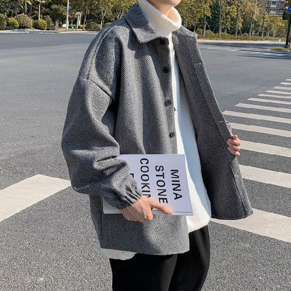 

осень шерстяное пальто мужская мода ретро случайные короткие шерстяные пальто мужчины дикий сыпучие корейский негабаритные шерстяная куртка, Black
