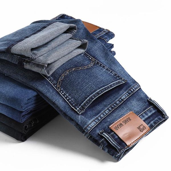 

men's business fashion jeans 2021 spring autumn new classic style brand straight pants blue black elastic trousers 2 models,806