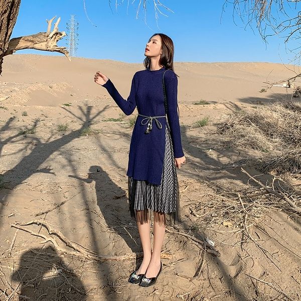 

ukcje двухсекционной осени нового dresssweater женщины юбка свитер сетка клетчатые 2019 платьев трикотажных платьев женщин hu2ae, Black;gray
