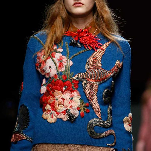 

2020 Runway Designer Blue Bird Embroidery Women Sweater Pullovers Winter Christmas Beading Knitting Jumper Clothing, White;black