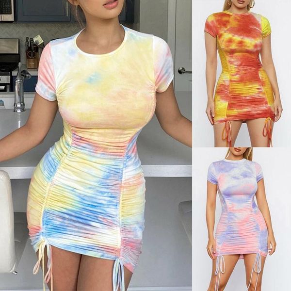 

casual dresses tie dye ruched party bodycon dress lady short sleeve girdle fashion slim nightclub summer mini dress1, Black;gray