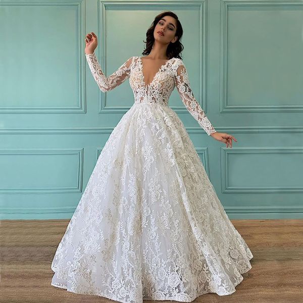 

charming lace wedding dresses deep v neck a line long sleeves bridal gowns sweep train plus size robe de mariÃ©e, White
