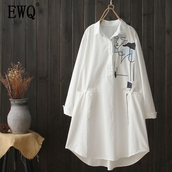 

[ewq] spring embroidered long-sleeved lapel single-breasted shirt loose fashion trend women all-match summer blouse qf784 201201, White