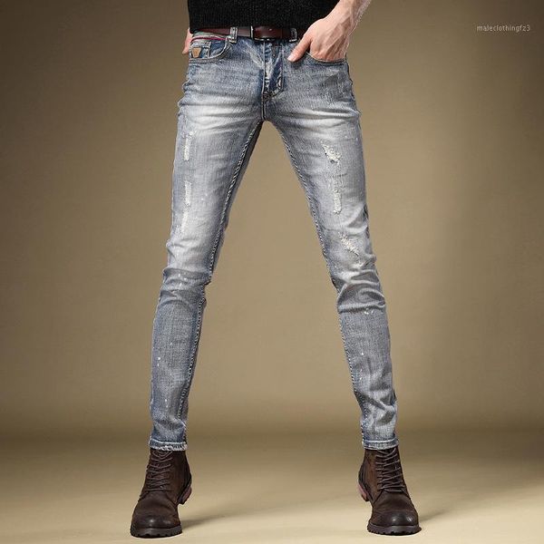 

men's jeans vintage men slim fit pencil pants streetwear distressed denim trousers1, Blue