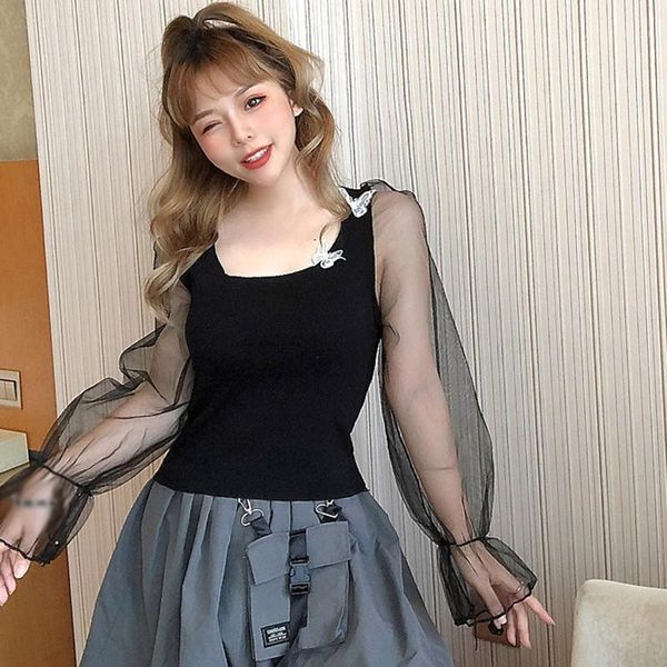 

women t shirt sweet mesh square collar with applique knitted long sleeve solid stitching puff sleeve casual t shirt1, White