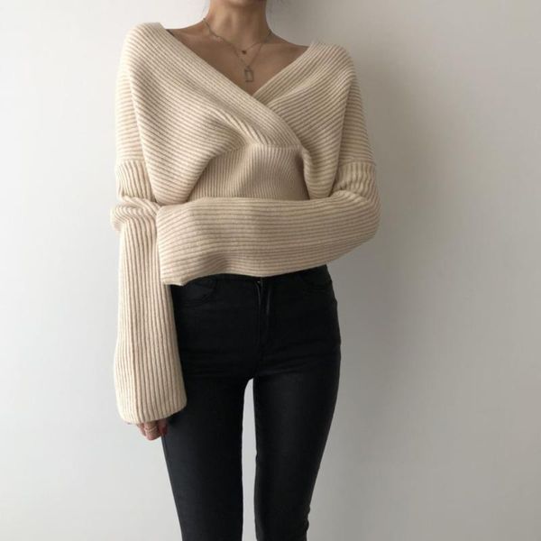 

fashion v-neck warm knitted sweater women winter loose cross female pullover jumpers short knitting sweaters 2020, White;black