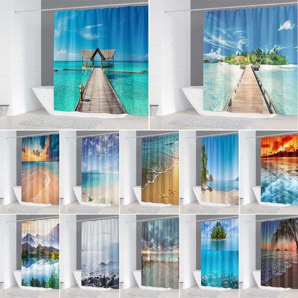 

beach seascape fabric shower curtain with 12 hooks waterproof polyester ocean view room bathroom curtains
