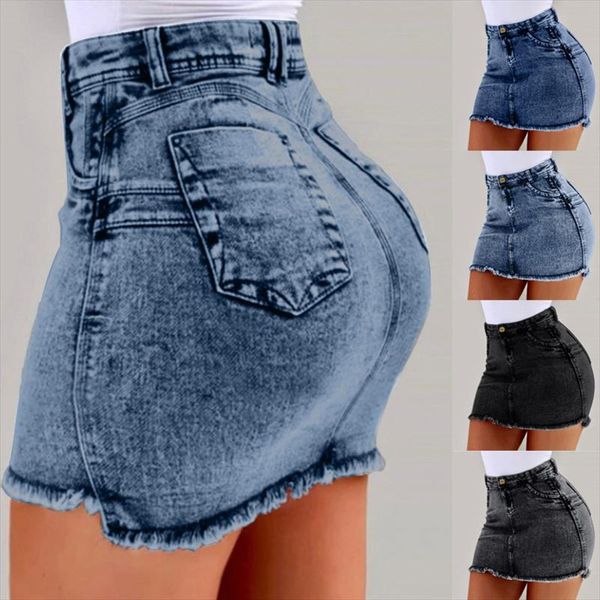 

high waist women mini denim skirts pencil solid slim pocket female jeans skirt 2021 summer fashion ladies clothes, Black