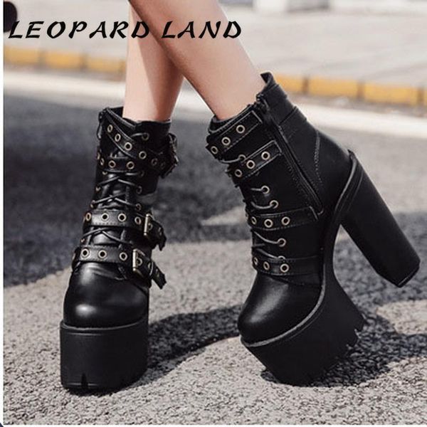 

boots leopard land 15cm heels women rivet classic thick bottom heel waterproof platform nightclub -686-6, Black