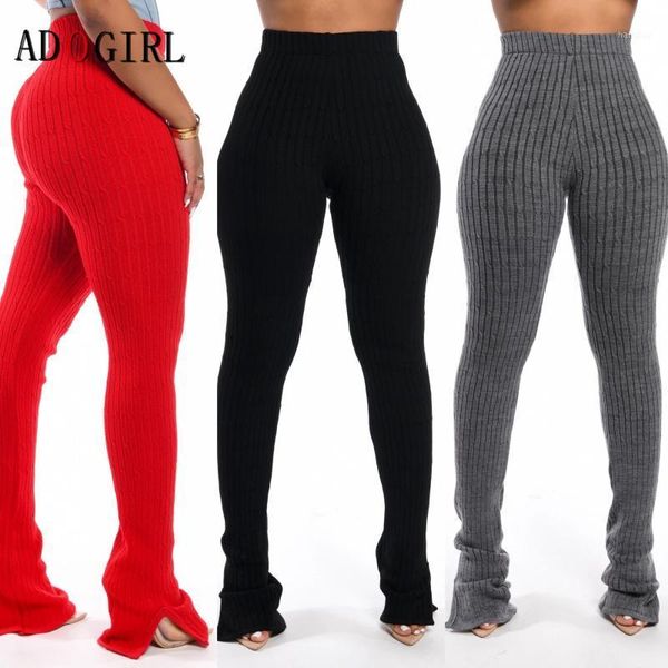 

adogirl autumn winter knitted side slit pants women fashion solid high waist long trousers elastic bell bottom sweatpants plus1, Black;white