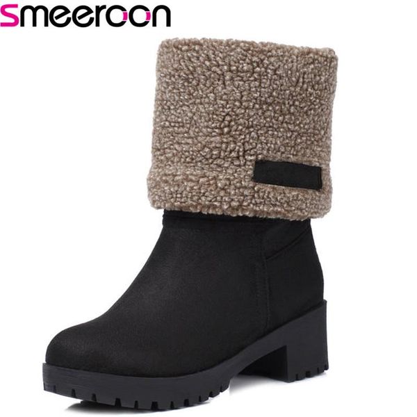 

boots smeeroon 2021 arrival ankle for women flock winter snow slip on round toe platform shoes woman high heels, Black