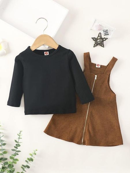 

baby solid tee & zip up corduroy overall dress she, White
