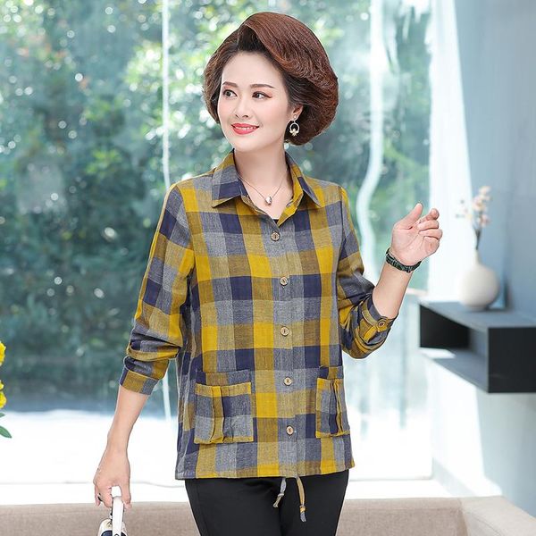 

cotton linen long sleeve women shirts middle aged mother casual plus size pocket spring autumn women plaid blouse 5xl, White