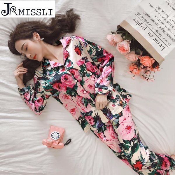 

jrmisssli spring women pajamas suit silk sleepwear satin pajamas set flower print woman pajamas pants silk nightwear 201102, Black;red