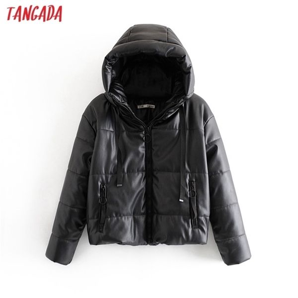 

tangada women black fur faux leather jacket coat oversized zipper winter female thick pu hooded jacket overcoat 6a170 201209